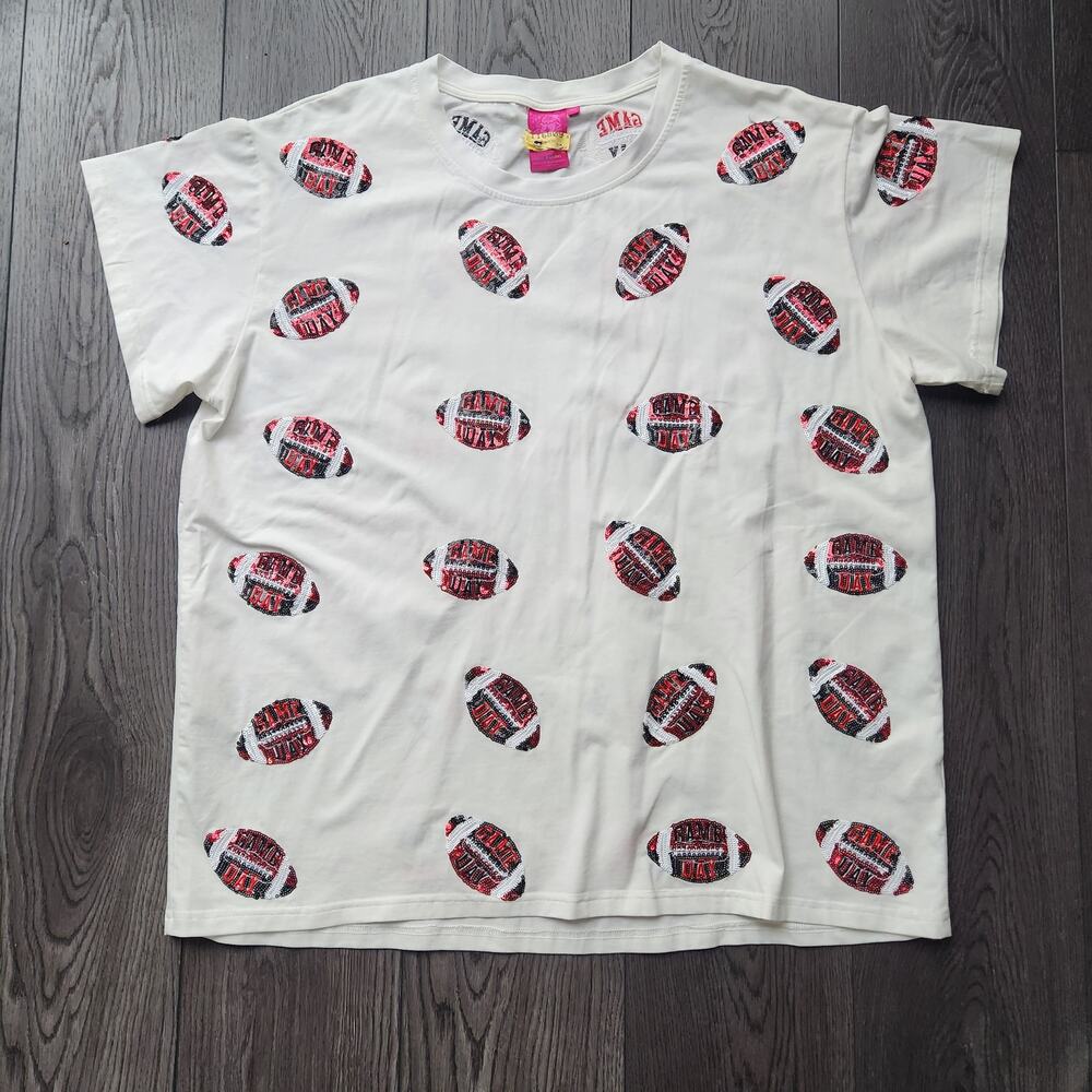 Queen of Sparkles White, Red, Black "Game Day" Football Tee, XL